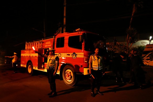 Indonesian police water canon near the entrance of Kerobokan Prison where Bali Nine duo Myuran Sukumaran and Andrew Chan will be transferred to Nusakambangan Prison Island.