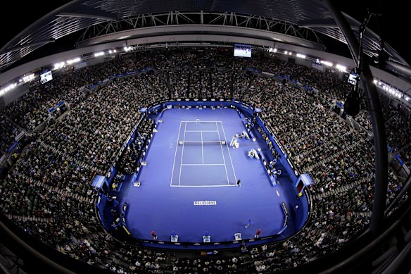 Andy Murray of Britain plays Novak Djokovic of Serbia on Rod Laver Arena during the men's singles final at the Australian Open tennis championship in Melbourne, Australia, Sunday, Feb. 1, 2015. 