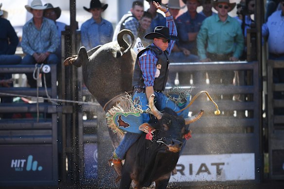 Ty Parkinson competes in the open bull ride event atop Gamebred at the Mount Isa Mines Rodeo.