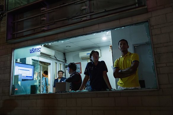 A police booth with shattered windows near the scene of an explosion on August 17, 2015 in Bangkok, Thailand.