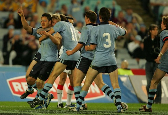 The Hayne Plane: Jarryd Hayne celebrates scoring a try for the NSW under 19s in 2005.