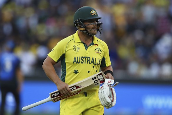 Aaron Finch of Australia looks dejected after being dismissed by Trent Boult.