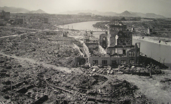 "Sixty per cent of the city, which is bigger than Brisbane, was completely destroyed."  The former Hiroshima Prefectural Industrial Promotion Hall after the explosion of August 6, 1945.