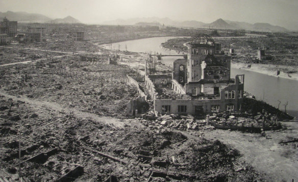 "Sixty per cent of the city, which is bigger than Brisbane, was completely destroyed."  The former Hiroshima Prefectural Industrial Promotion Hall after the explosion of August 6, 1945.