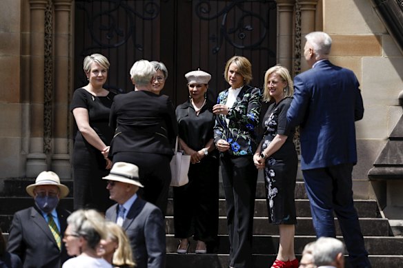 Labor Shadow Ministers, Tanya Plibersek, Penny Wong, Linda Burney, Kristina Keneally and Katy Gallagher after the State Funeral for the Honourable Susan Maree Ryan AO.