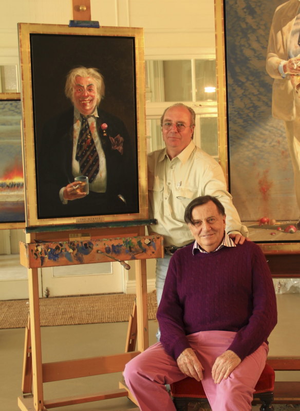 Tim Storrier with Barry Humphries and the portrait of Sir Les Patterson entered into the 2014 Archibald Prize. 