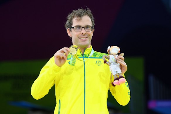 Gold medalist, Matthew Levy of Team Australia poses with their medal during the medal ceremony for the Men's 50m Freestyle S7 Final.