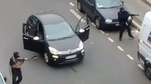 The attackers flee in a hatchback later involved in a collision.