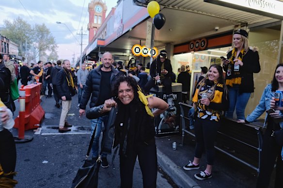 Richmond supporters celebrating their teams win over Adelaide in Swan st Richmond Photo Luis Enrique Ascui