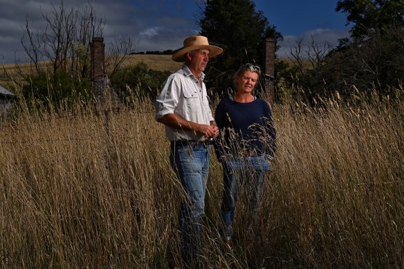 Farmers Rebecca and David Price on the site of a proposed gold mine near Blayney.