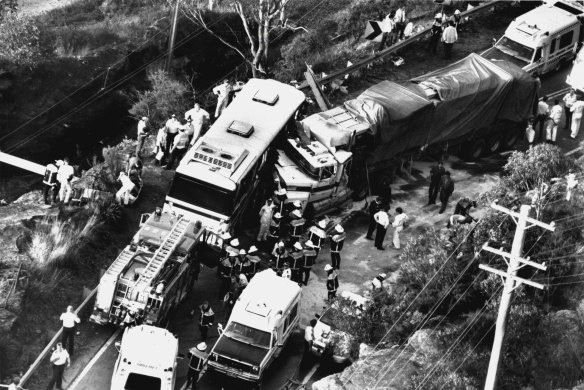 The crash scene at Linden, showing just how close the coach came to the edge of the railway cutting. October 14, 1992.