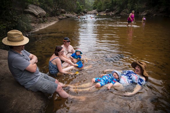 Thomas and Alex, in foreground, with 11 month old Toby from Springwood with Madeleine and James with 14 month old Alexander from Kingsgrove cool off at Jellybean Pool in Glenbrook National Park. 
