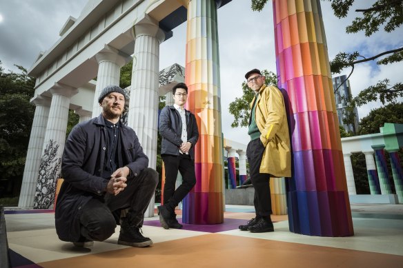 Temple of Boom, the 2022 NGV Architecture Commission opens this week. Pictured are (L-R) architects Adam Newman and Kelvin Tsang and Senior NGV curator Ewan McEoin.