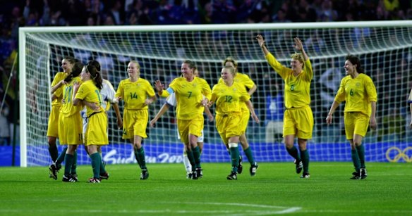 The Matildas celebrate the first goal against Sweden. 
