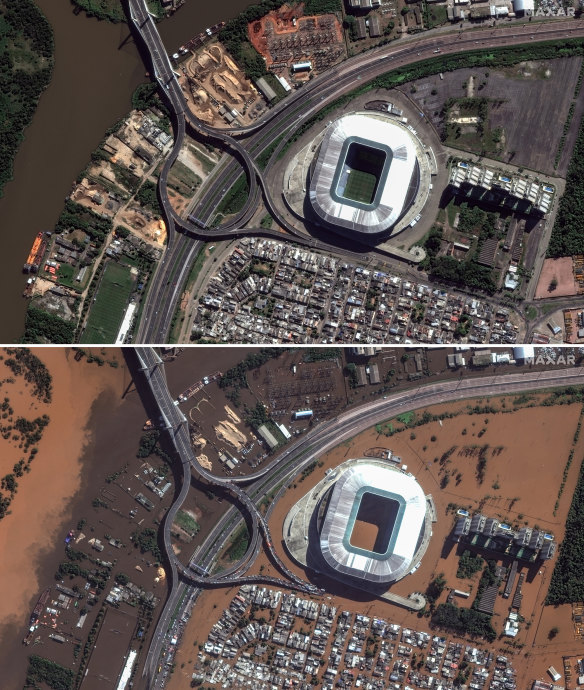 Before and after views of flooding of areas around Gremio Arena, Porto Alegre, Brazil, on Tuesday.