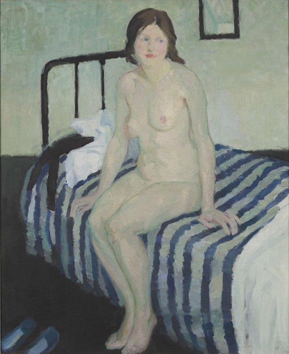 Girl sitting on a bed by Edith Collier.