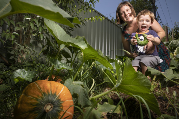 Belinda Healy and her two-year-old son Jarvis Leary (pictured) give away homegrown produce that they cannot eat themselves through a Buy Nothing group.