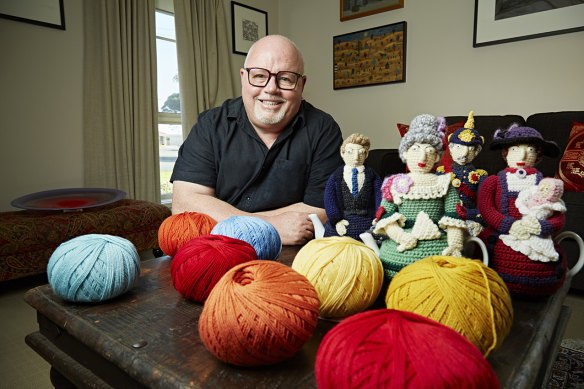 Portland-based textile artist Trevor Smith with some of his works.