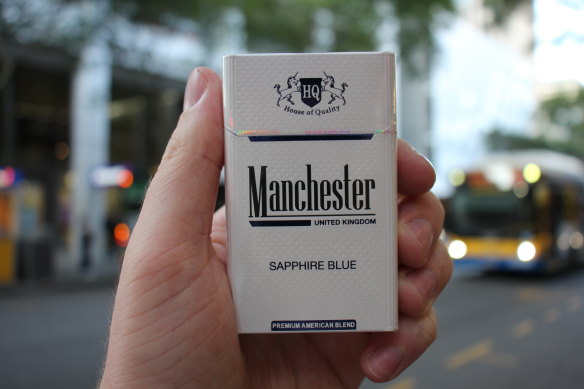 Illegally imported “Manchester” cigarettes bought by Brisbane Times for $20 in Fortitude Valley.  