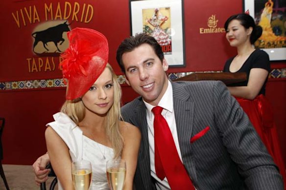 Grant Hackett and his wife Candice Alley at the Emirates marquee in the Birdcage at Flemington.