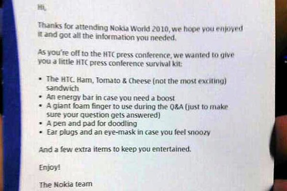 The letter included in Nokia's survival kit.