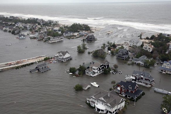 Aerial views shows the damage caused by Hurricane Sandy to the New Jersey coast taken during a search and rescue mission by 1-150 Assault Helicopter Battalion, New Jersey Army National Guard on October 30, 2012.