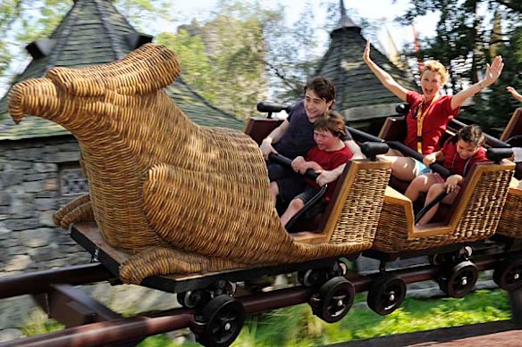 Harry Potter film star Daniel Radcliffe rides the Flight of the Hippogriff attraction at Universal Orlando Resort in Florida.