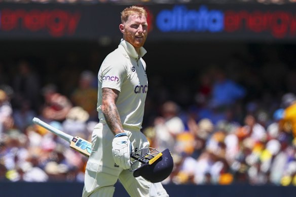 England's Ben Stokes walks from the field after he was dismissed during day four of the first Ashes cricket test at the Gabba in Brisbane, Australia, Saturday, Dec. 11, 2021. 