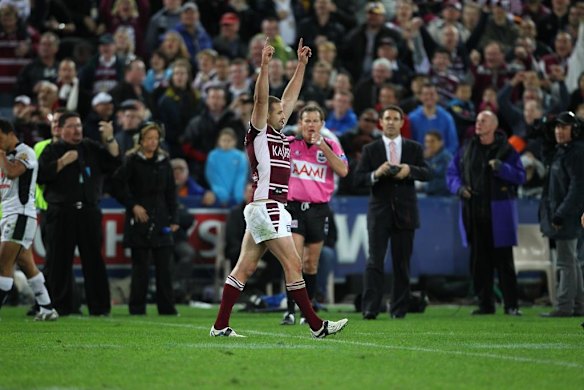 Grand Final 2011. Manly Sea Eagles vs New Zealand Warriors. Michael Robertson, in his last game for the Manly club, celebrates winning the Telstra Premiership.  Sunday 2nd October, 2011.