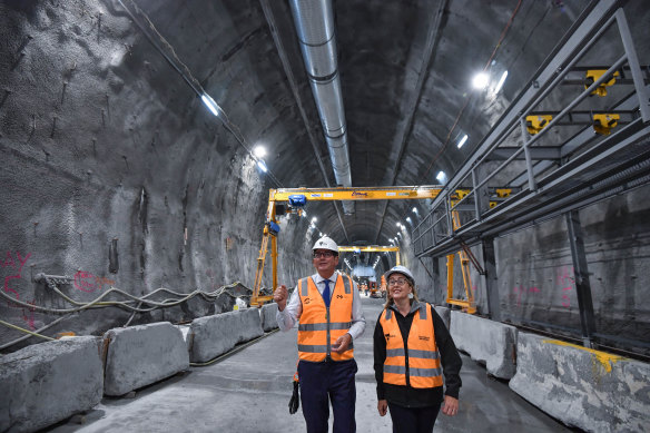 Premier Daniel Andrews and Transport Minister Jacinta Allan inspect works on the Metro Tunnel just before the pandemic. 