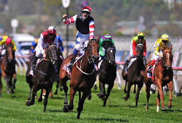 Derby Day at Flemington. Race 6 Victoria Derby winner number 4 Polanski ridden by Hugh Bowman.