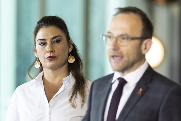 Senator Lidia Thorpe and Greens leader Adam Bandt during a press conference at Parliament House in Canberra on Thursday 1 December 2022.