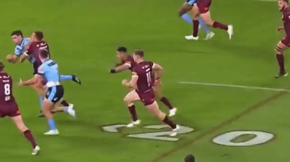 Nathan Cleary injures his shoulder in the first half of Origin II in 2021.