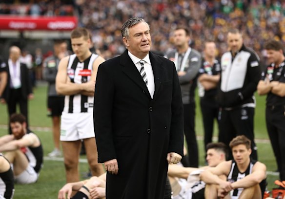   Eddie McGuire, President of Collingwood Football Club,  looks dejected after the 2018 AFL Grand Final match between the Collingwood Magpies and the West Coast Eagles at Melbourne Cricket Ground on September 29, 2018 in Melbourne, Australia. 