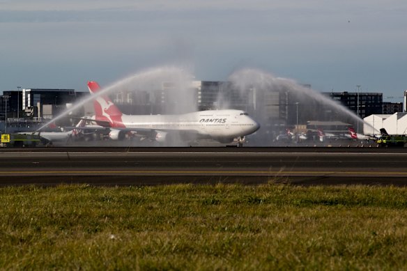 FAREWELL TO THE QANTAS JUMBO JET: The last Qantas 747, registration VH-OEJ, gets a water cannon salute prior to taking off to an aircraft boneyard in the Mojave desert, California, on Wednesday, July 22, 2020. 