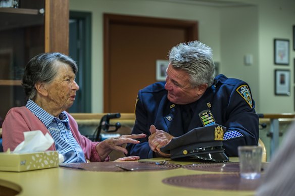 Uniting Care Mirinjani retirement village has granted a lifelong wish for resident Berenice Benson to meet a real New York city cop (something she mentions every tine she gets into the facility lift featuring a poster of the New York skyline). NYPD Detective Howard Shank was glad to accommodate. 