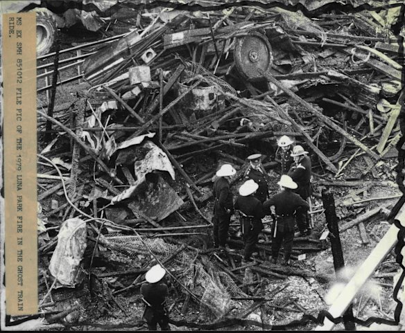 The aftermath of the 1979 Ghost Train ride fire.
