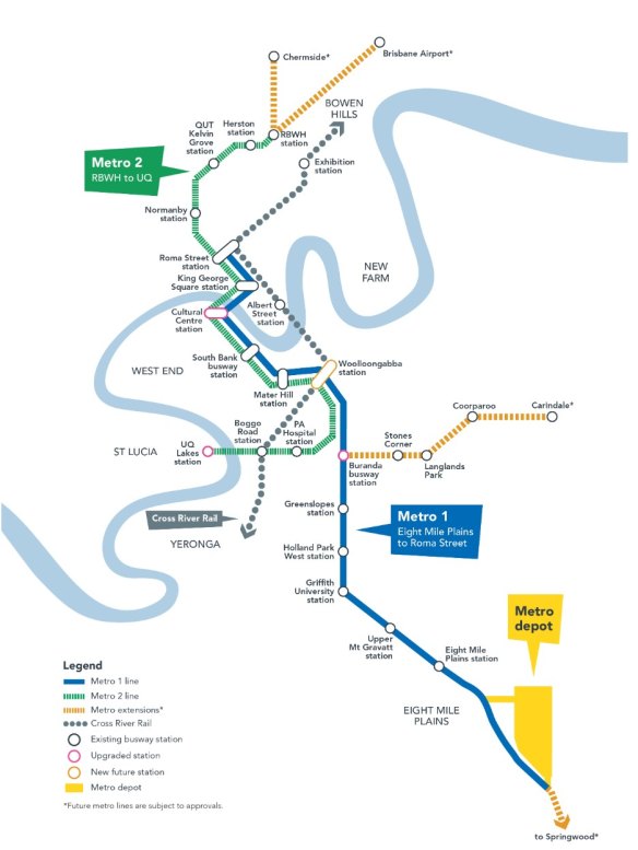 In 2024 the Brisbane Metro network will act as a central rapid transit spine where suburban buses link in.