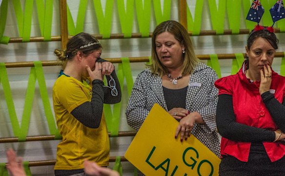 Giralang Primary school. The school where Olympic 400 meter hurdler teaches excitedly watches her compete in the semi-final event at the Rio Olympic games. Her colleagues and friends share her disappointment at not progressing to the finals. (from left) Meredith Wells, Natalie Garrett and Lisa Ison. 