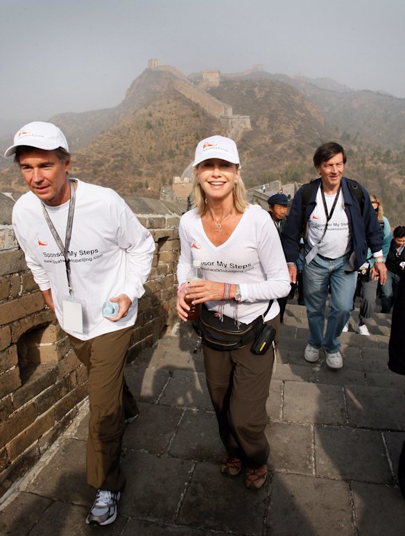 Olivia Newton-John on the Great Wall of China during the Great Walk to Beijing in April 2008. Newton-John led a team of Australian and International celebrities on an arduous 228-kilometre trek hoping to raise money to build a new cancer and wellness centre, as well as further international cancer research.