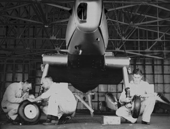 RAAF Tiger Moth training aircraft are assembled at the Mascot Aerodrome in Sydney on 11 January 1941.