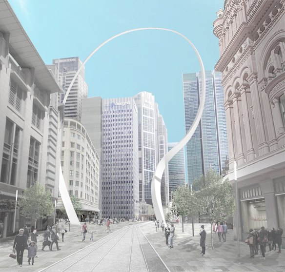 An artist's impression of the Cloud Arch sculpture, which will flank the new light rail along George Street.