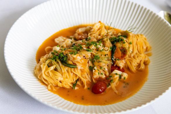 Tagliolini, eastern rock lobster, cherry tomato, bisque and cognac.