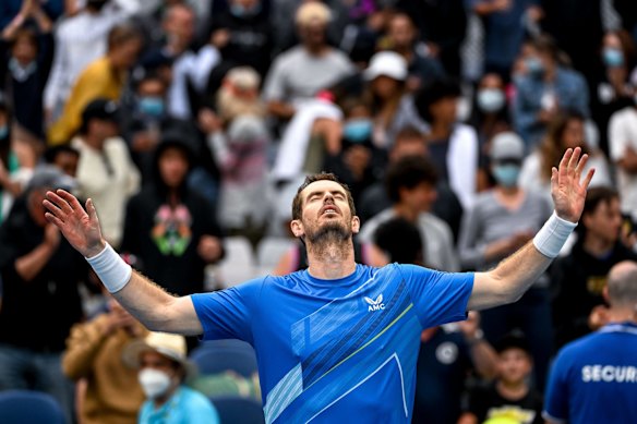 Andy Murray looks to the skies after defeating Nikoloz Basilashvili in five sets in the opening round of the Australian Open. 