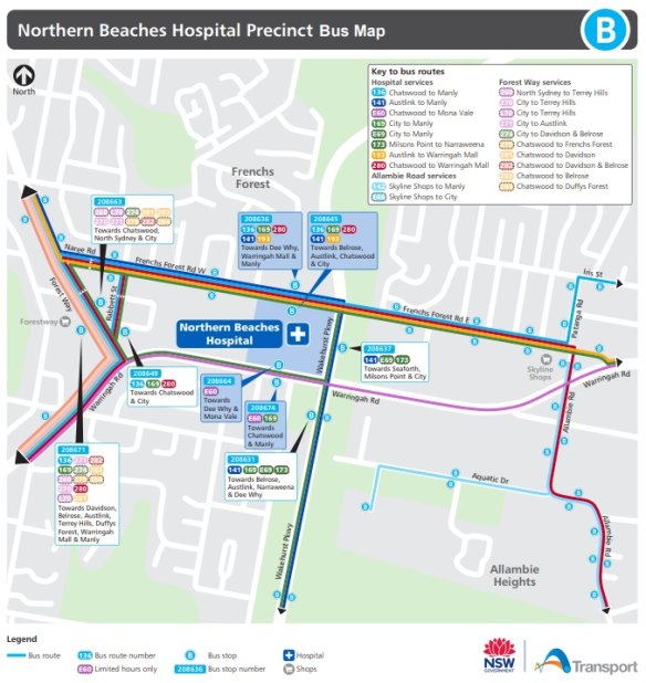 Northern Beaches Hospital precinct bus map. 
