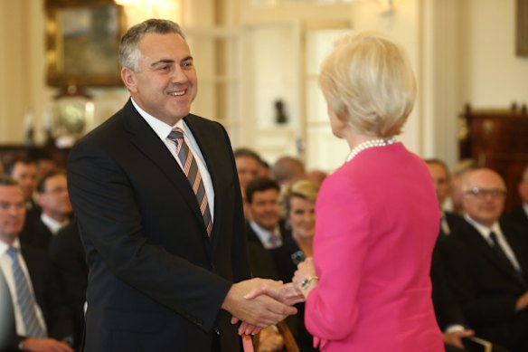 Joe Hockey is sworn in as treasurer by the then Governor-General Quentin Bryce.