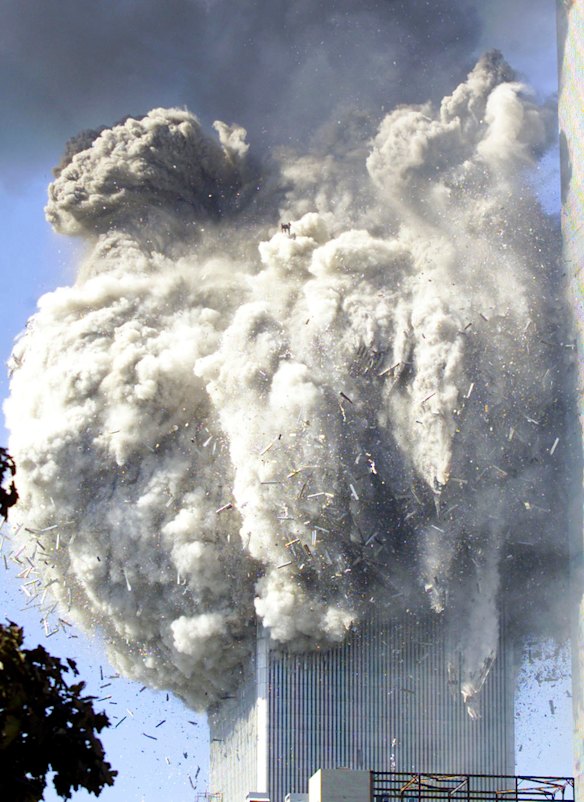 The World Trade Center tower two turns into a mushroom cloud as it falls to the ground after a fire in New York in this September 11, 2001 photo.