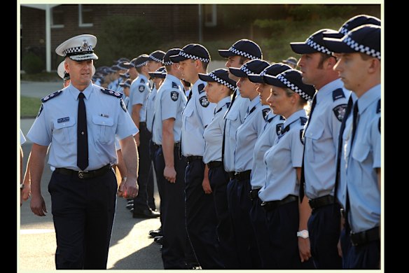 Chief Commissioner Simon Overland inspects recruits  during morning parade at the Victoria Police Academy in Glen Waverly on the 11th of January,  2010. Photo by Craig Abraham