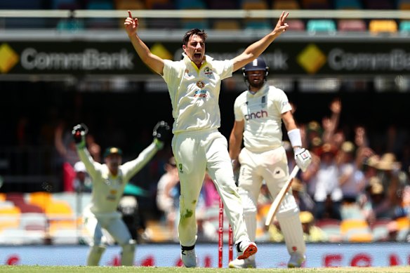 Pat Cummins of Australia appeals for a wicket during day four of the First Test Match in the Ashes series between Australia and England at The Gabba on December 11, 2021 in Brisbane, Australia. 