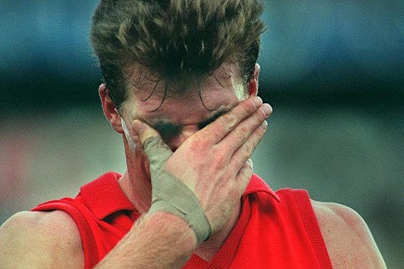 Jim Stynes leaves the MCG after a match between Collingwood and Melbourne, April 8 1996.